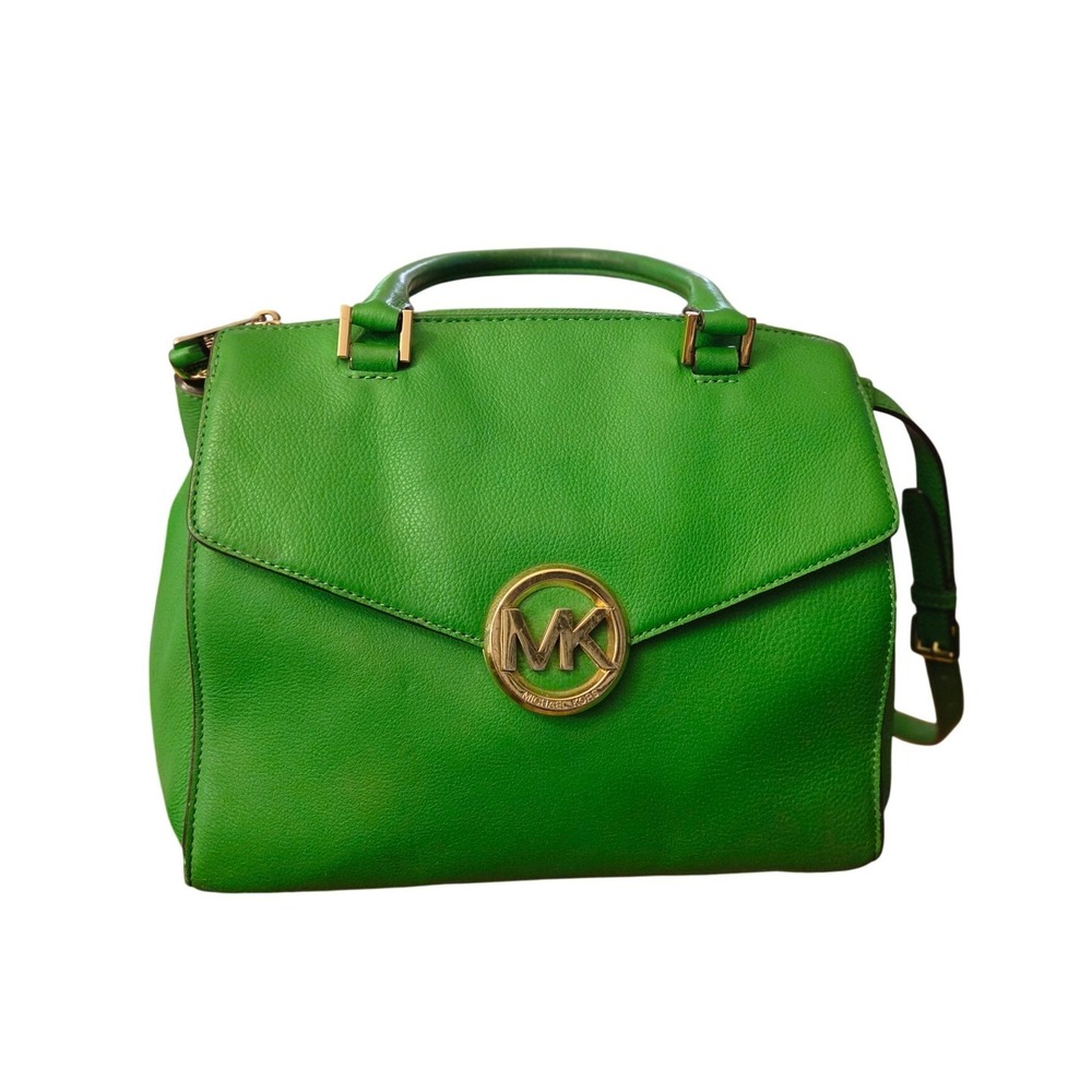 Michael Kors Hudson Large Leather Satchel Crossbody Bag Kelly Green Gold MK